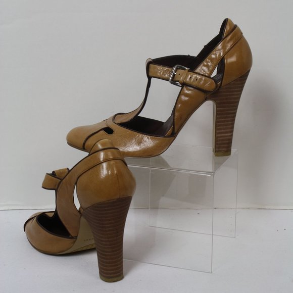 Tan and Brown Heeled T Strap Mary Jane - Picture 4 of 6